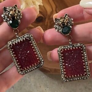Vintage Lion Head drop earrings with green and burgundy accents